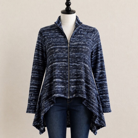 Comfy USA Sweaters - Comfy USA Sheer Cardigan Womens Medium Blue Striped Zip Up High Low Boho Coastal